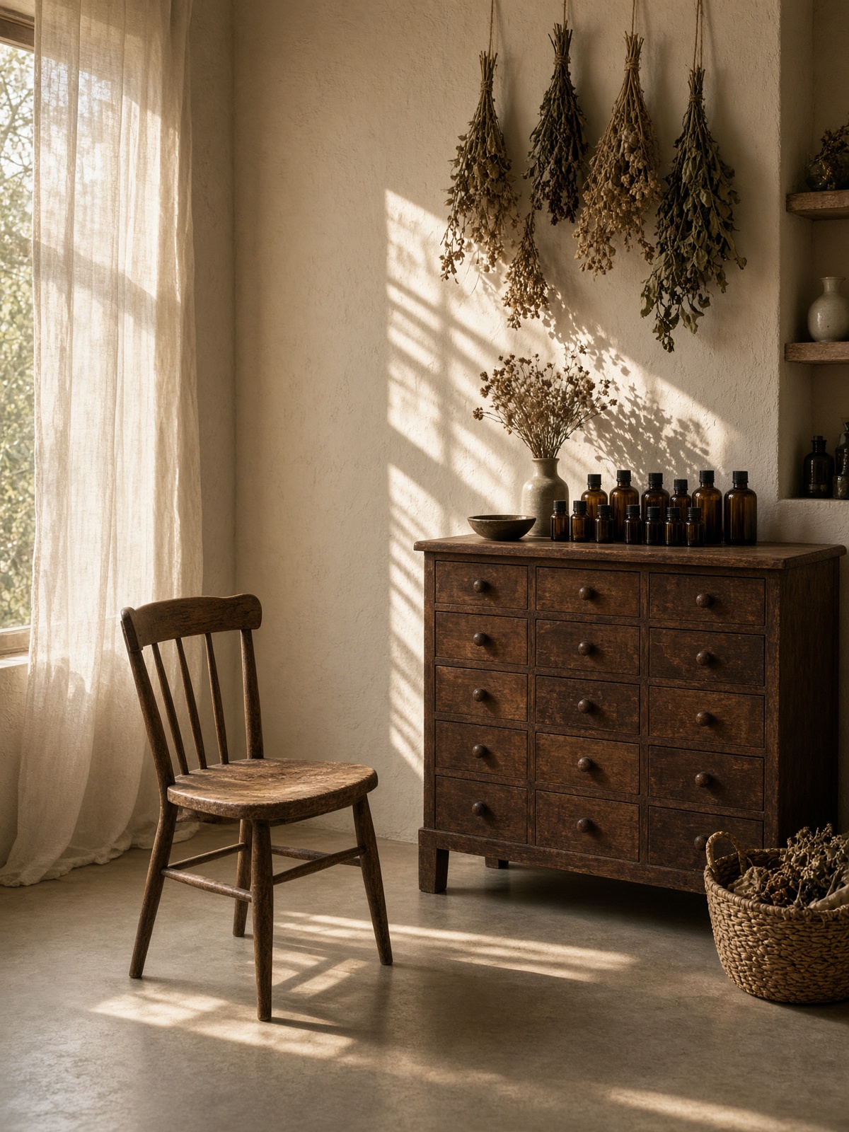 Apothecary cabinet of essential oils in a sunlit treatment suite