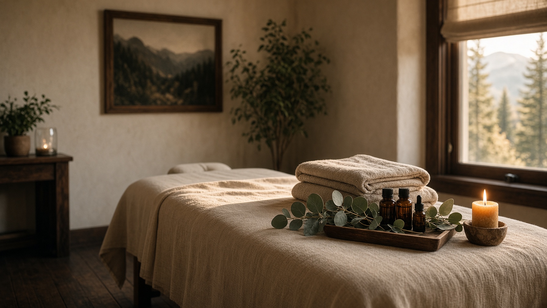 A quiet treatment studio with linen, essential oils, and late-afternoon light