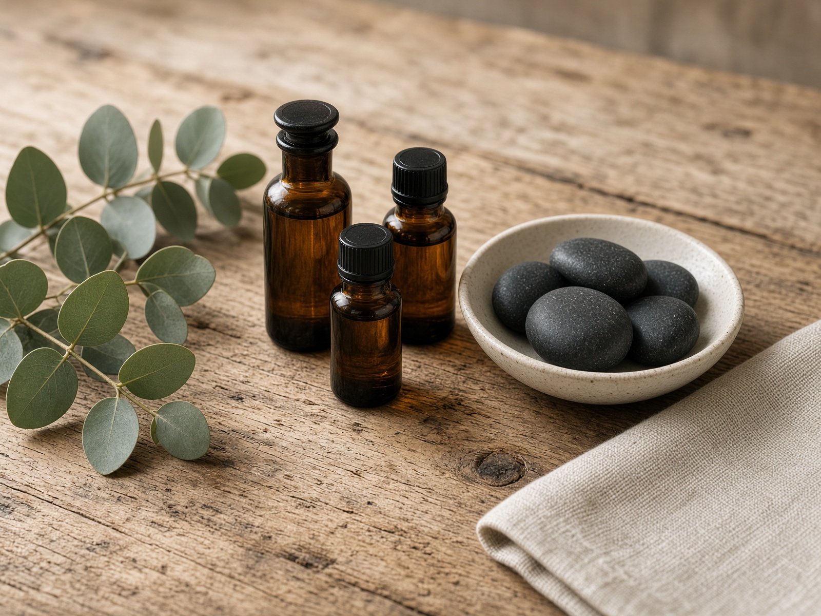 Amber essential oil bottles, basalt stones, and eucalyptus on oak